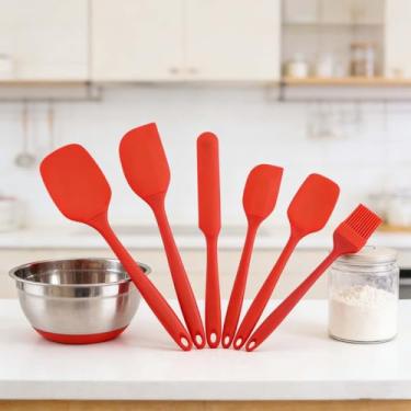 Imagem de Conjunto de 6 espátulas de borracha, raspador de tigela de silicone e colher de espátula plana para cozinha, utensílios de cozinha flexíveis resistentes ao calor (vermelho)