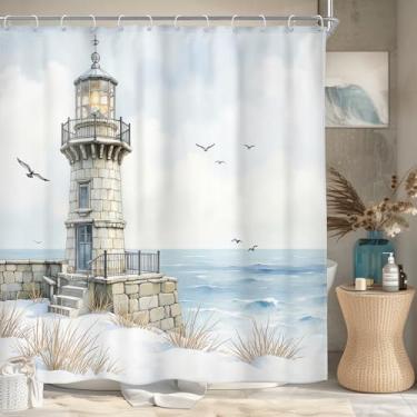 Imagem de Riyidecor Cortina de chuveiro de farol oceano inverno náutico paisagem branca neve paisagem mar praia gaivota contemporânea 182x182 cm decoração de tecido neutro banheiro poliéster impermeável pacote
