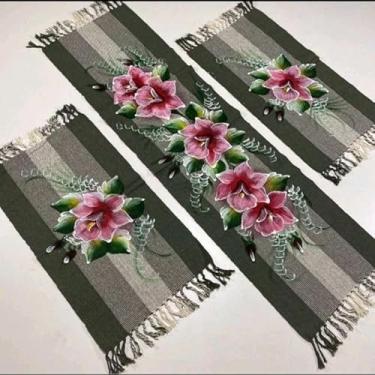 Imagem de Kit Jogo de Cozinha 3 Peças Tapete Passadeira Antiderrapante Pintado à Mão em Algodão