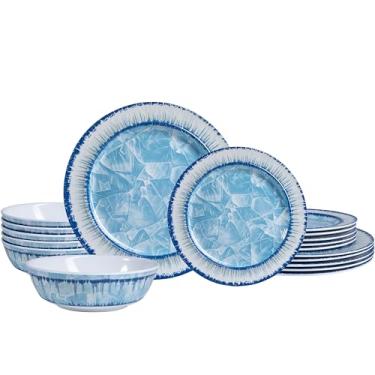 Imagem de ZAROCRUS Conjunto de louça de melamina leve para uso interno e externo, conjunto de pratos e tigelas de cozinha inquebráveis inclui pratos de jantar, prato de sobremesa, tigelas de cereal, serviço