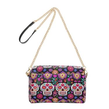 Imagem de Joitme Bolsa tiracolo feminina bolsa de telefone fofa colorida caveira de açúcar flor preta couro PU bolsa de ombro alça de corrente