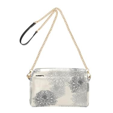 Imagem de Joitme Bolsa tiracolo feminina de ombro com flor de crisântemo preta e cinza para celular bolsa de ombro com alça de corrente de couro PU