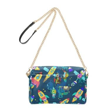 Imagem de Joitme Bolsa transversal para mulheres, bolsa para celular, bolsa de ombro de couro PU, alça de corrente, desenho animado colorido foguete azul espaço