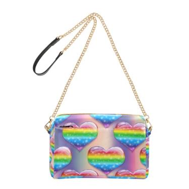 Imagem de Joitme Bolsa de ombro feminina transversal para celular com corações coloridos e brilhantes de couro PU com alça de corrente