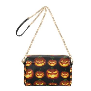 Imagem de Joitme Bolsa tiracolo feminina Halloween abóbora preta bolsa para celular linda alça de corrente de couro PU bolsa de ombro