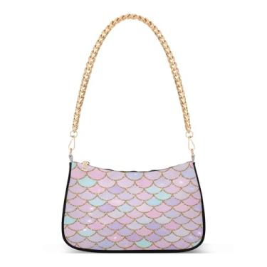 Imagem de Bolsa de ombro com corrente rosa pastel escamas de sereia, bolsa de mão Hobo média fofa para mulheres, bolsa clutch moderna para todos os dias ou à noite