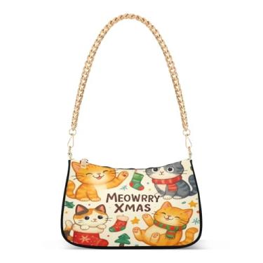 Imagem de Bolsa de ombro com corrente de Natal de gato de desenho animado, linda bolsa Hobo para mulheres, bolsa casual com grande capacidade