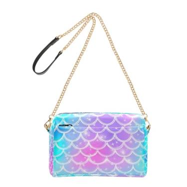 Imagem de Joitme Bolsa de ombro feminina transversal para celular bolsa de ombro de couro PU alça de corrente azul-petróleo roxo rosa sereia