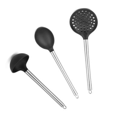 Imagem de Nakagawa Kit Utensílios de Cozinha, 3 Peças, Silicone e Cabo Inox, Preto, Design Moderno Elegante, Manual, 35cm Comprimento, Escumadeira, Colher, Concha e Fuê