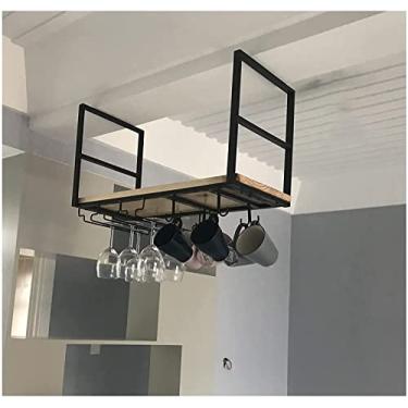 Imagem de Prateleira suspensa de teto tipo suporte de garrafa de vinho, suporte de garrafa de vinho, suportes de copos de vinho pendurados, para exibição, armazenamento e decoração, placa grossa de 2 cm (preto