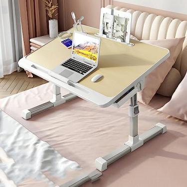 Imagem de Bandeja de mesa dobrável portátil com porta de carregamento USB e gaveta de armazenamento, mesa de cama para laptop para pequenos espaços de escritório em casa (cor: preto) (amarelo)