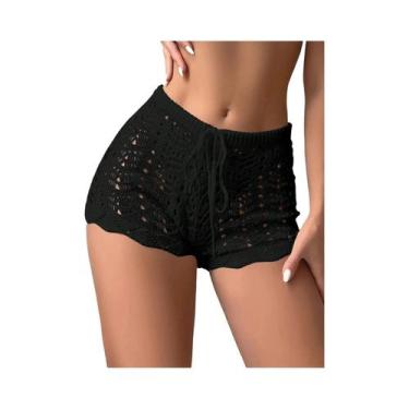 Imagem de Cintura aberta de malha biquíni feminino, calções com cordão oco, poly