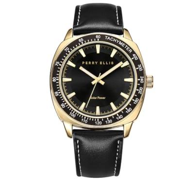 Imagem de Perry Ellis Relógio masculino movido a energia solar – Relógio de pulso analógico masculino de couro vegano, resistente à água, 43 mm com moldura de taquímetro de alumínio, elegante opção de presente