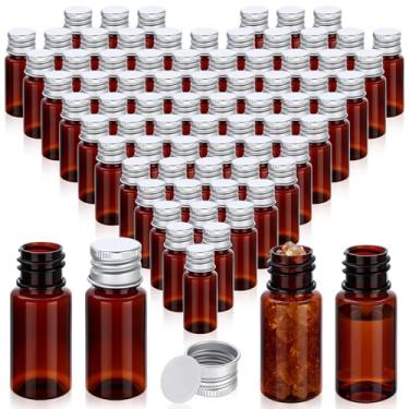 Imagem de Yiyiring Mini frascos de plástico de 10 ml, frasco minúsculo com tampa de rosca de alumínio, recipiente de amostra de plástico âmbar com tampa de metal superior selada para amostra de óleo essencial