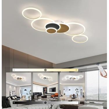 Imagem de Luminária de teto LED moderna para sala de estar, redonda, 120 cm, 105 W, regulável, com controle remoto, para restaurantes e ambientes internos (preto e dourado).