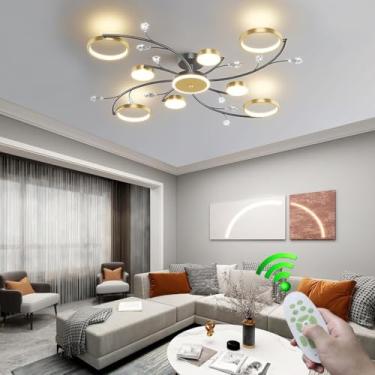 Imagem de Luminária de teto moderna com cristais LED, em ferro preto e dourado com detalhes florais, estilo nórdico, para sala de estar com controle remoto, tipo lustre, ideal para quarto, escritório