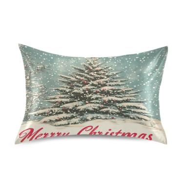 Imagem de Blueangle Fronha vintage de cetim de árvore de Natal para cabelo e pele, fronha de seda, tamanho Queen (50,8 x 76,2 cm) - Capas de almofada de cetim refrescantes com fecho de envelope (939)