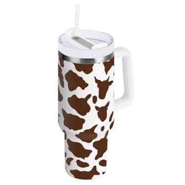 Imagem de SEHANY Copo de vaca marrom e branco de 1,134 g com alça, copos isolados de aço inoxidável a vácuo de parede dupla à prova de vazamento, copo de viagem isolado cabe no suporte de copo de carro