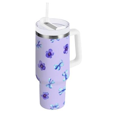 Imagem de SEHANY Lindo copo roxo de 1,134 g com alça, copo isolado de aço inoxidável a vácuo de parede dupla, à prova de vazamento, caneca de café isolada para viagem cabe no suporte de copo de carro