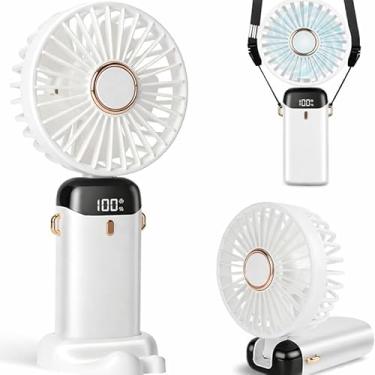 Imagem de Ventilador portátil portátil, mini ventilador recarregável tipo C, ventilador operado por bateria de 4000 mAh com tela de LED, dobrável de 90°, vento de 5 velocidades, portátil, pescoço/mesa (Branco)