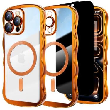 Imagem de Misscase Capa projetada para iPhone 16 Pro de 6,3 polegadas, com protetor de tela de privacidade*1, linda capa com moldura ondulada com protetor de lente de câmera, compatível com MagSafe Plating