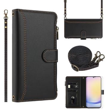 Imagem de Asuwish Capa de telefone para Samsung Galaxy A25 5G Capa carteira com protetor de tela de vidro temperado alça transversal de couro flip zíper suporte para cartão de crédito celular A 25 25A SM-A256U