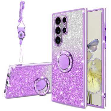 Imagem de Capa de telefone compatível com Samsung S23 Ultra (2023) para meninas e mulheres linda brilhante TPU transparente à prova de choque capa protetora e suporte de anel e alça, roxo claro