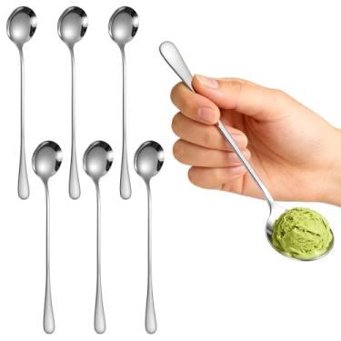 Imagem de Conjunto de 6 colheres de chá gelado de cabo longo, colheres de chá de aço inoxidável, barra de agitação, sorvete, colher de coquetel (colher redonda-prata)
