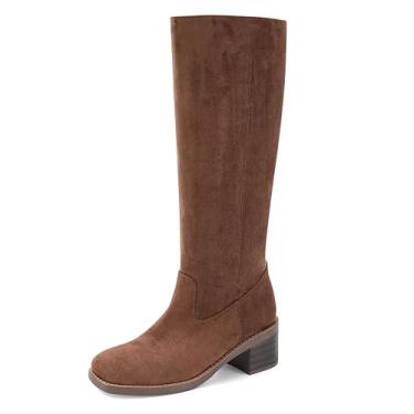 Imagem de DOEYG Botas femininas de cano alto banana bico quadrado salto grosso botas altas panturrilha larga moda confortável casual pull on botas longas, Camurça marrom, 41