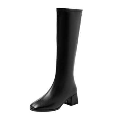 Imagem de Botas femininas de bico quadrado, salto médio, salto grosso, cor sólida, casual, inverno, Preto, 36