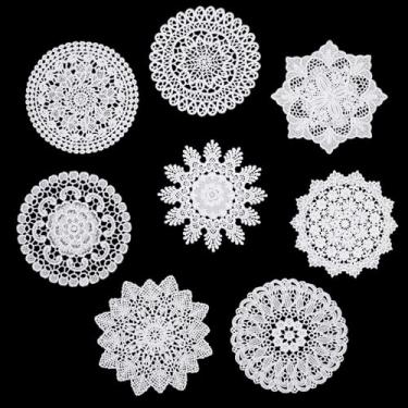 Imagem de Molain 8 peças de guardanapos de renda branca, jogo americano redondo de poliéster de 15 cm, porta-copos de mesa vintage feitos à mão para cozinha, sala de jantar, decoração de festa de casamento