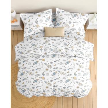 Imagem de Conjunto de capa de edredom infantil tamanho Queen - Conjunto de capa de edredom espacial de 3 peças e 2 fronhas com fecho de zíper e laços - Fácil de cuidar, sem rugas e desbotamento - Conjunto de