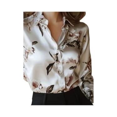 Imagem de Camisa Feminina De Cetim Com Estampa Floral, Decote V, Manga Longa, Bo