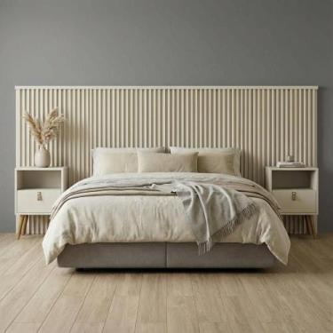 Imagem de Cabeceira Ripada Casal Queen e Mesa Retrô Off White - Repleta