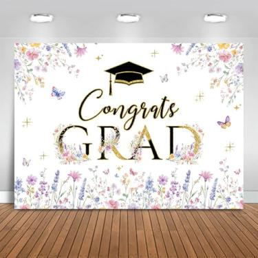 Imagem de Fitumiw Pano de fundo de flores silvestres para graduação, 2,1 x 1,5 m, aquarela floral, parabéns, decoração de festa de graduação, plano de fundo, faixa de 2026, adereços para cabine de fotos