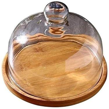 Imagem de HHHJQFAAT Suporte de bolo bandeja de exibição de sobremesa prato de bolo de madeira e cúpula de bolo de vidro, conjunto de caixa de bolo atualizado chip e servidor de molho 6/8/10 polegadas para bolo