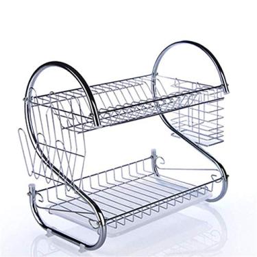 Imagem de U5GAAALPPQ9 Escorredor de pratos antiderrapante de 2 camadas de aço inoxidável para cozinha prateleira de cozinha escorredor de copos (cor: Tamanho da cor da imagem: 40 x 37 x 24 cm) Rack de tigela de