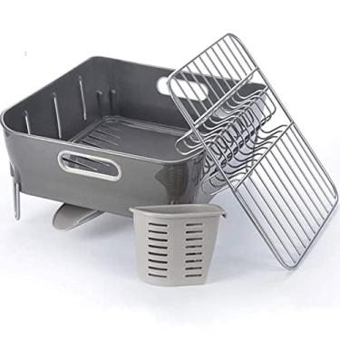 Imagem de Conjunto de escorredor e escorredor de pratos de cozinha, organizador de pratos de secagem, prateleira de armazenamento, escorredor de pratos com canal de drenagem giratório de 360° para balcão de