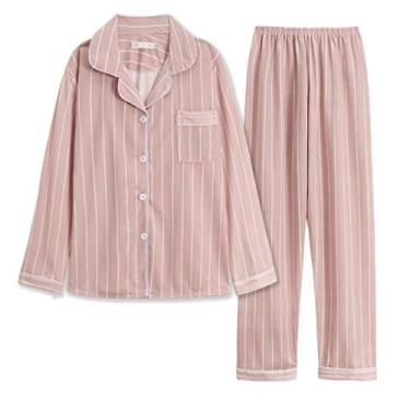 Imagem de HHHJQFAAT Conjunto de pijama feminino, conjunto de pijama feminino, cor sólida, listrado, conjunto de pijama de manga comprida, blusa feminina (rosa 1X)