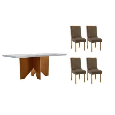 Imagem de Conjunto: Mesa Sala Jantar Nevada c/ Tampo Madeirado c/ Vidro Canto Curvo 120x80cm e 4 Cadeiras Tilia Naturale/Off White - Suede Capuccino - Rufato