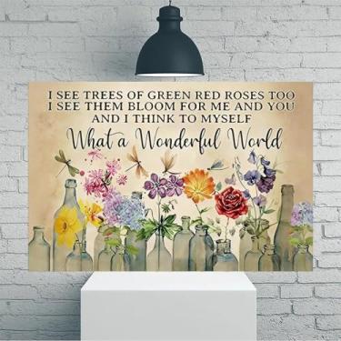 Imagem de Arte de parede em tela rústica vintage com citação Wonderful World - Pôster sem moldura de 30 x 45 cm - Ideia de presente para decoração de casa e escritório para sala de estar, quarto, cozinha e café