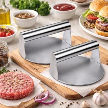 Imagem de Kit 2 Prensa Smash Burger de Aço Inox 14cm Prensador Profissional Hambúrguer Chapa Chapeiro Cozinha Delivery Itens para Lanche