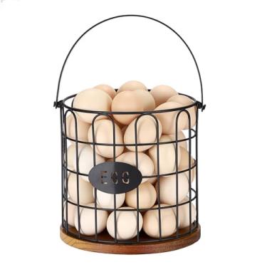 Imagem de Cesta de arame para coletar ovos frescos, cesta redonda para coletar ovos com alça de metal, decoração de cozinha rústica vintage, suporte de recipiente de armazenamento de frutas com base de madeira