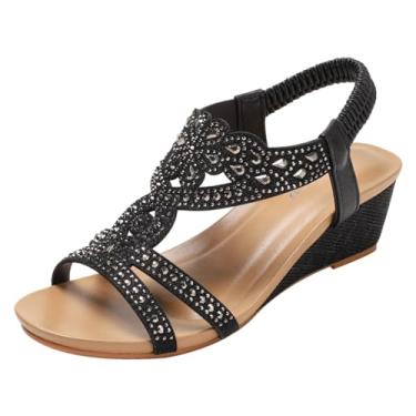 Imagem de rismart Sandália feminina cunha ajustável tiras elásticas strass boho verão praia casamento gladiador sapatos, Preto, 36