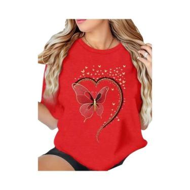 Imagem de Camiseta plus Size Branca Com Estampa De Borboleta E Coração, Gola Red