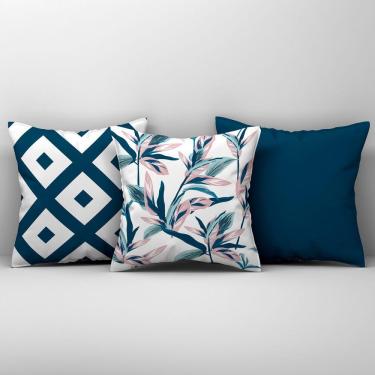 Imagem de Kit Trio Capas De Almofadas Estampadas Em Veludo Suede 45cm X 45cm - Decoração Para Sala Cor Azul