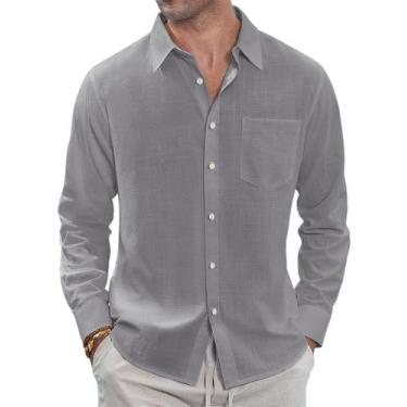 Imagem de Camisa masculina J.VER, linho e algodão, com botões, cinza escuro, 3GG