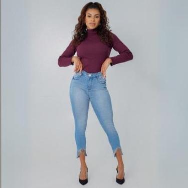 Imagem de Calça Feminina Jeans Cropped Franja Strass Modeladora Empina Bumbum Cintura Alta-Feminino