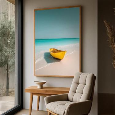 Imagem de Quadro com Moldura e Acrilico Cristal Vidro Barco Praia Deserta para S