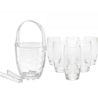 Imagem de Kit Balde De Gelo Vidro Com Alça e Pinça + 6 Copos Oca 300ml - PRA VC